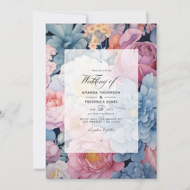 Convites Casamento Floral Azul Poente e Bege (Frente)