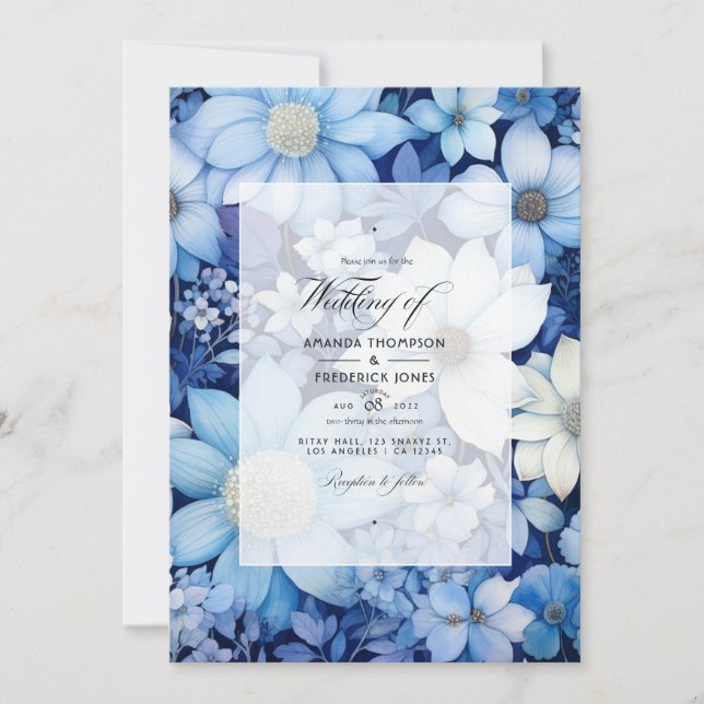 Convites Casamento Floral Azul Poento e Branco (Frente)