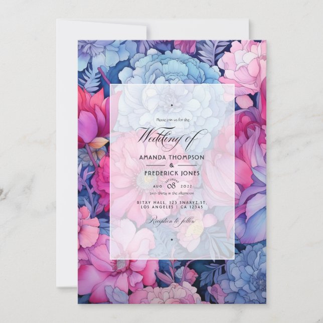 Convites Casamento Floral Azul Poento e Fúcsia (Frente)