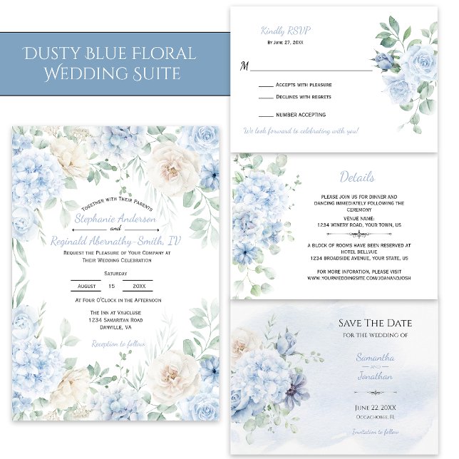 Convites Casamento Floral Azul Poento e Marfim (Criador carregado)