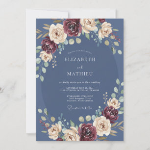 Convites Casamento Floral Azul Profundo de Outono