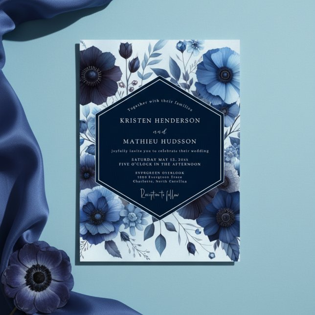 Convites Casamento Floral Azul Profundo e Temperamental (Criador carregado)