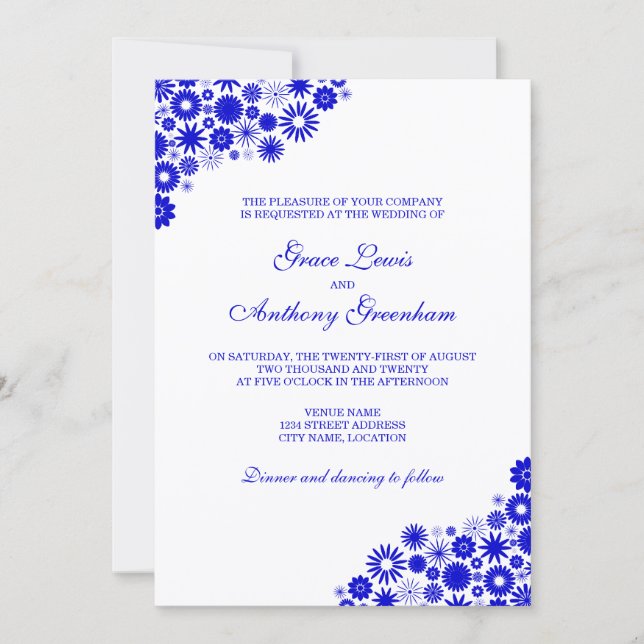 Convites Casamento Floral Azul Real Bonito (Frente)