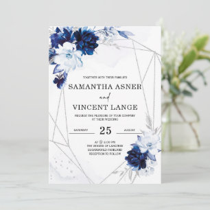Convites Casamento Floral Azul Real Branco Prata