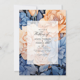 Convites Casamento Floral Azul Real e Bege e Cinza