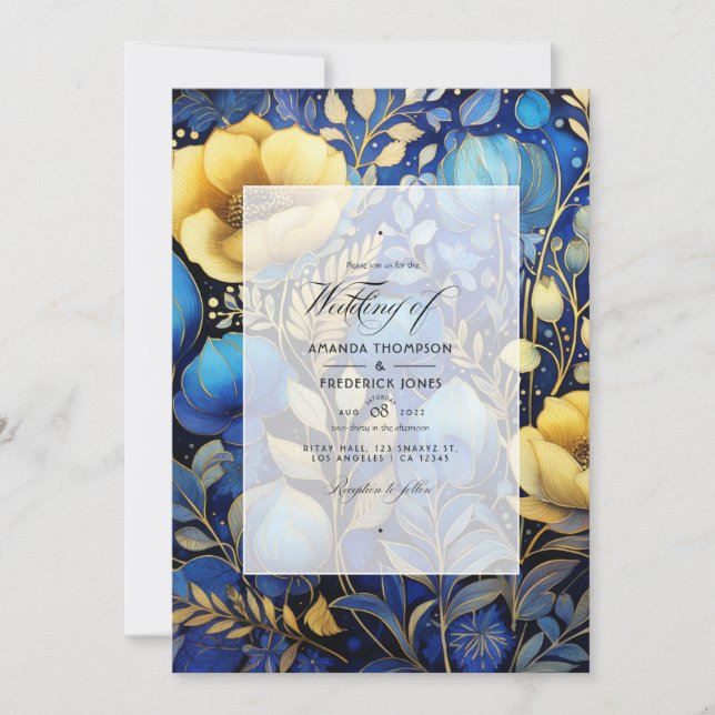 Convites Casamento Floral Azul Real e Dourado (Frente)