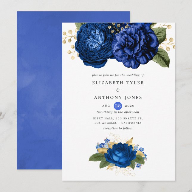 Convites Casamento Floral Azul Real e Dourado (Frente/Verso)