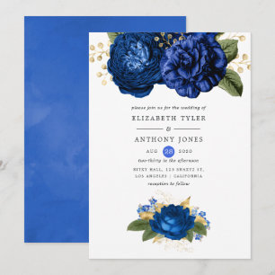 Convites Casamento Floral Azul Real e Dourado