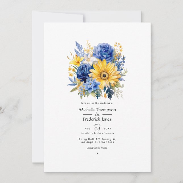 Convites Casamento Floral Azul Real e Dourado (Frente)