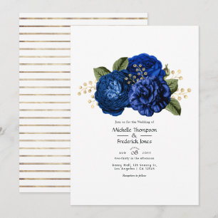 Convites Casamento Floral Azul Real e Dourado Falso de Folh