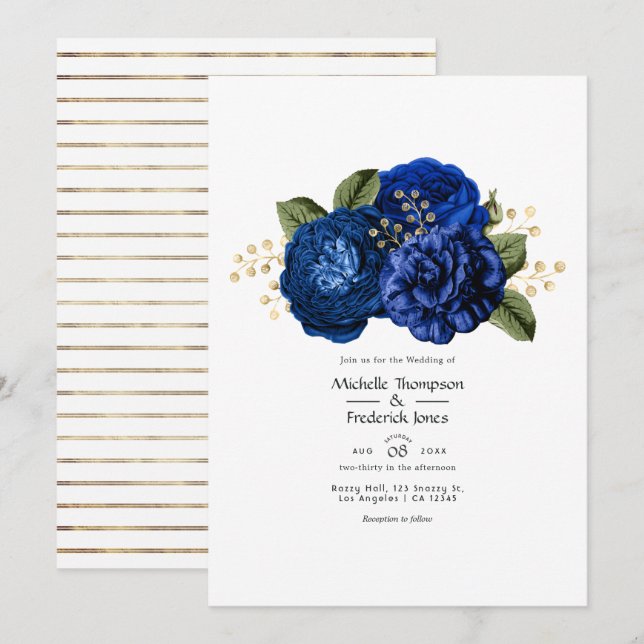 Convites Casamento Floral Azul Real e Dourado Falso de Folh (Frente/Verso)