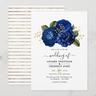Convites Casamento Floral Azul Real e Dourado Falso em Folh