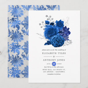 Convites Casamento Floral Azul Real e Prata