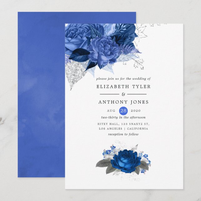 Convites Casamento Floral Azul Real e Prata (Frente/Verso)