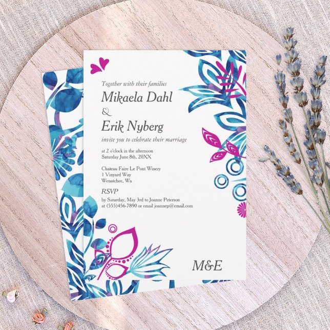Convites Casamento Floral Azul Real e Rosa (royal blue and magenta pink wedding invitations, blue and pink floral design)