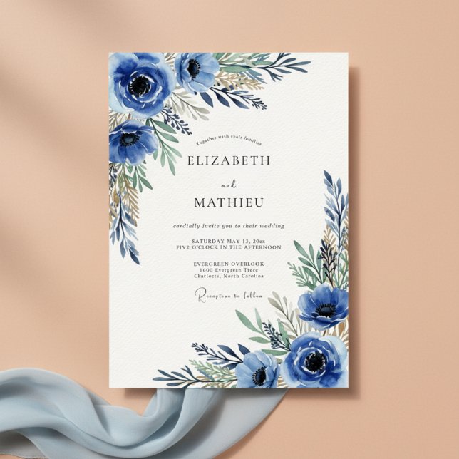 Convites Casamento Floral Azul Real Pintado (Criador carregado)