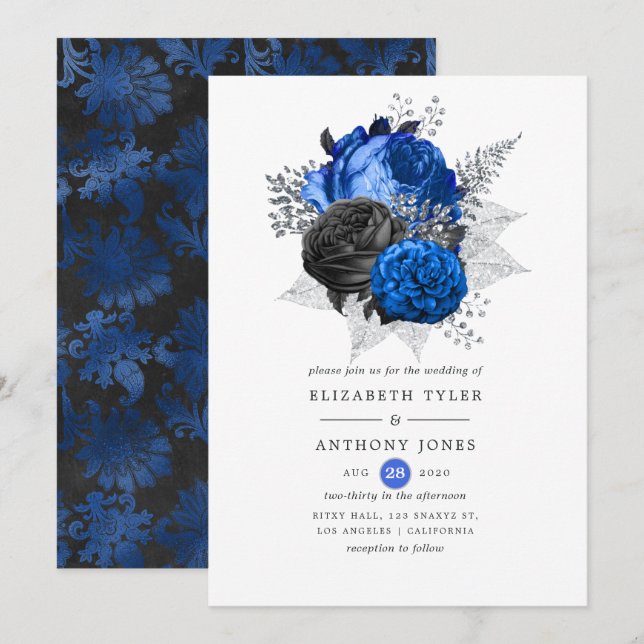 Convites Casamento Floral Azul Real, Preto e Prata (Frente/Verso)