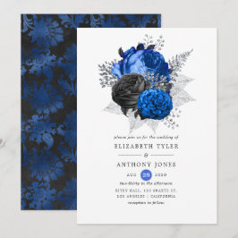 Convites Casamento Floral Azul Real, Preto e Prata