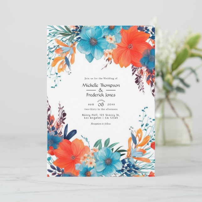 Convites Casamento Floral Azul Real, Turquesa e Coral (Em pé/Frente)