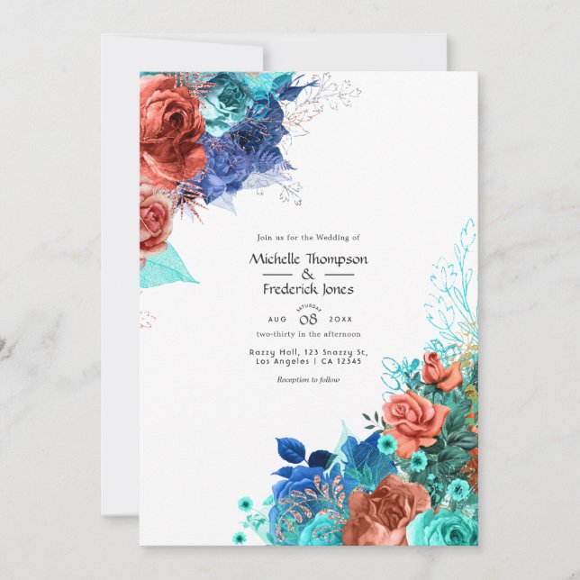 Convites Casamento Floral Azul Real, Turquesa e Coral (Frente)