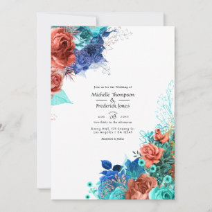 Convites Casamento Floral Azul Real, Turquesa e Coral