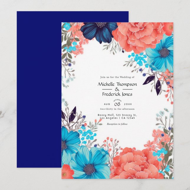 Convites Casamento Floral Azul Real, Turquesa e Coral (Frente/Verso)