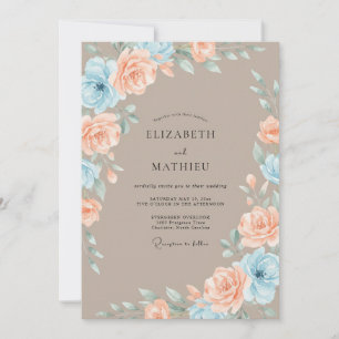Convites Casamento Floral Azul Romance Pêssego