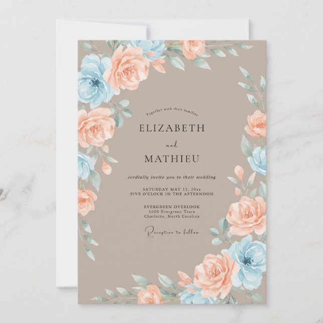 Convites Casamento Floral Azul Romance Pêssego (Frente)
