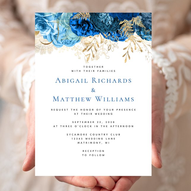 Convites Casamento Floral Azul Romântico Dourado (Criador carregado)