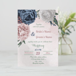 Convites casamento floral azul-rosa e branco