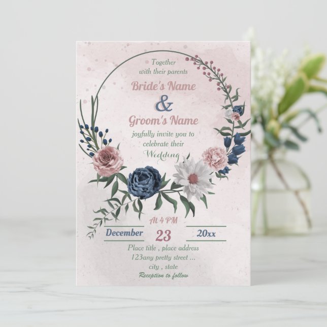 Convites casamento floral azul-rosa e verde-floral branco (Em pé/Frente)