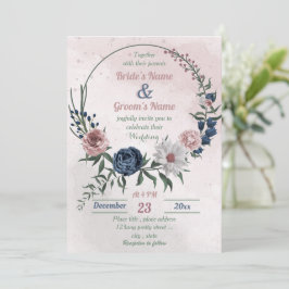 Convites casamento floral azul-rosa e verde-floral branco