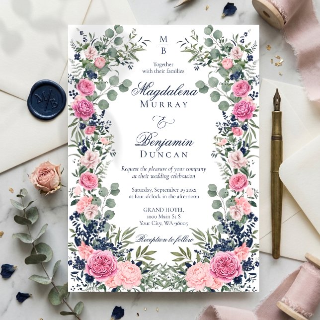 Convites Casamento Floral Azul Rosa Eucalipto Verde (Criador carregado)