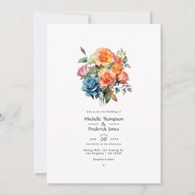 Convites Casamento Floral Azul, Rosa, Laranja e Verde (Frente)
