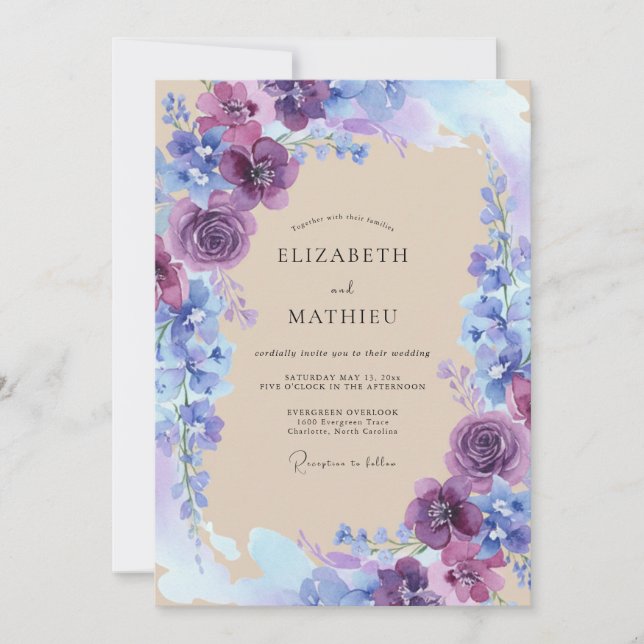 Convites Casamento Floral Azul Roxo (Frente)