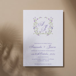Convites Casamento Floral Azul Roxo Bonito Monograma Elegan