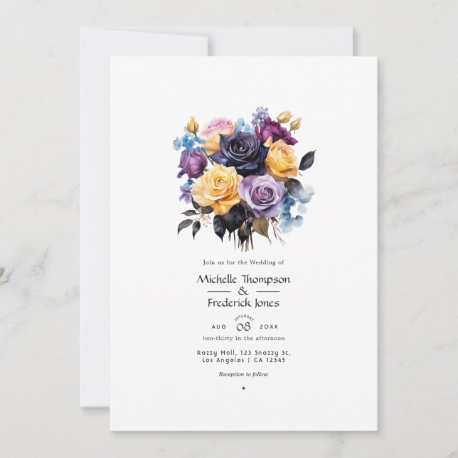 Convites Casamento Floral Azul, Roxo, Dourado e Preto (Frente)