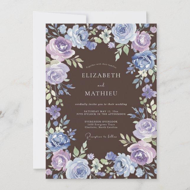 Convites Casamento Floral Azul Roxo Pintado (Frente)