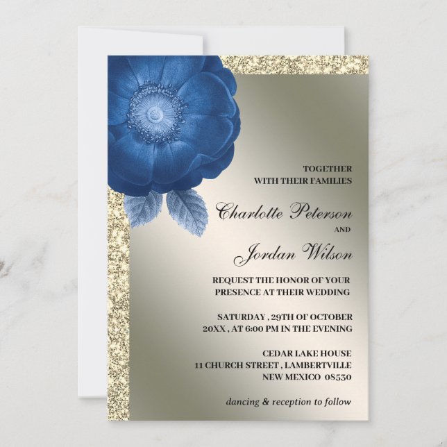 Convites Casamento Floral Azul Royal & Brilho Prateado (Frente)