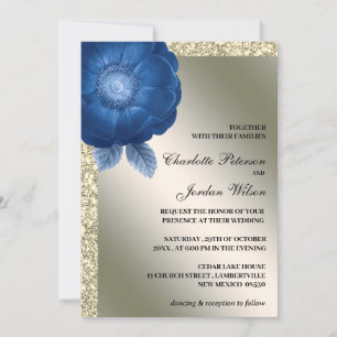 Convites Casamento Floral Azul Royal & Brilho Prateado