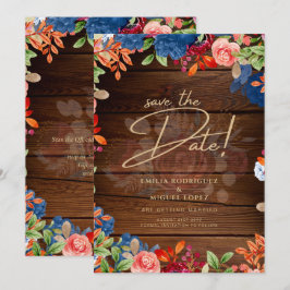 Convites Casamento Floral Azul Russo Burgundy SALVAR A DATA