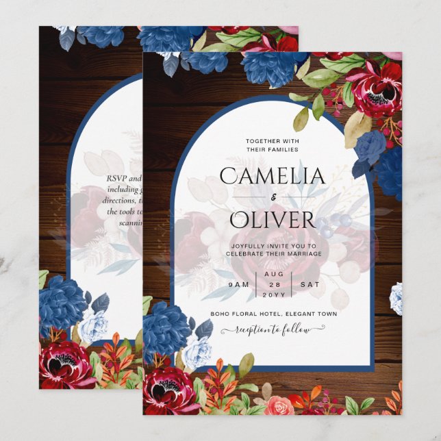 Convites Casamento Floral Azul Rústico Borgonha (Frente/Verso)
