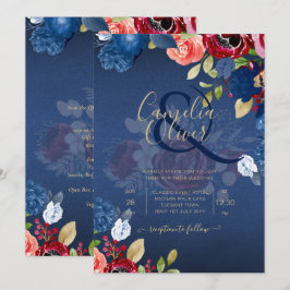 Convites Casamento Floral Azul Rústico Borgonha