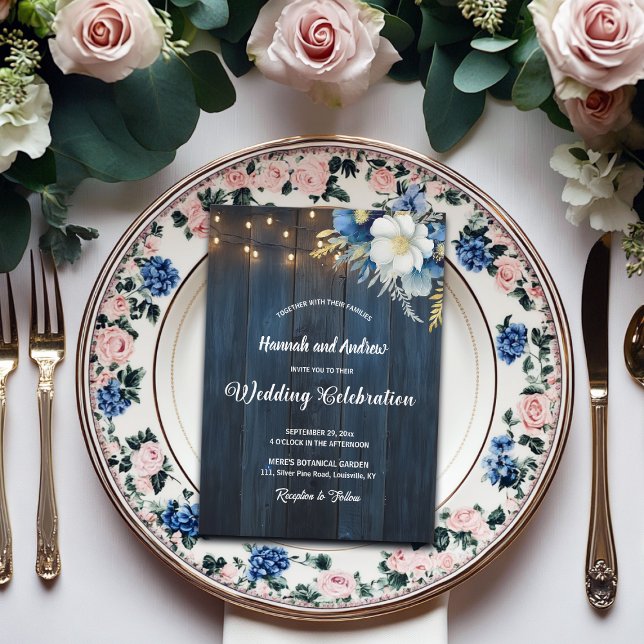 Convites Casamento Floral Azul Rústico de Madeira Branca (Criador carregado)
