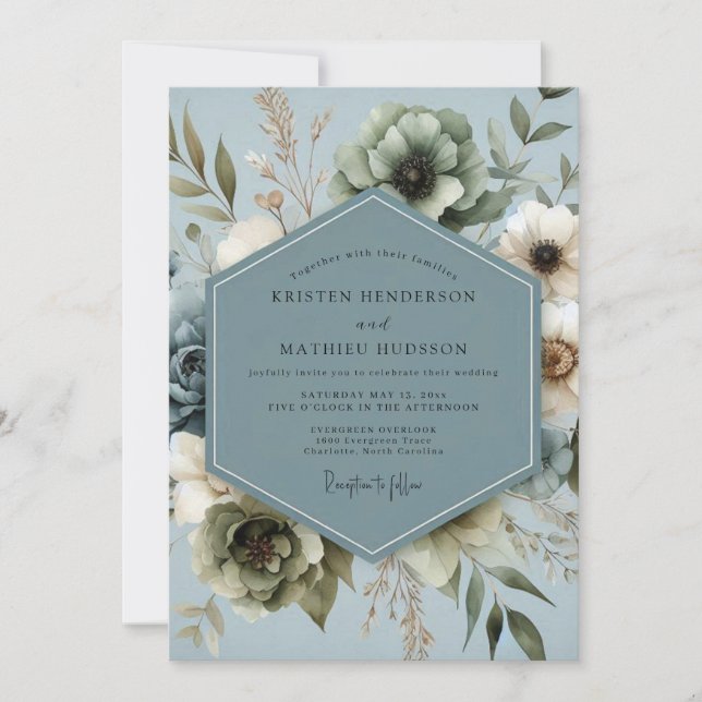 Convites Casamento Floral Azul Slate Silenciado (Frente)