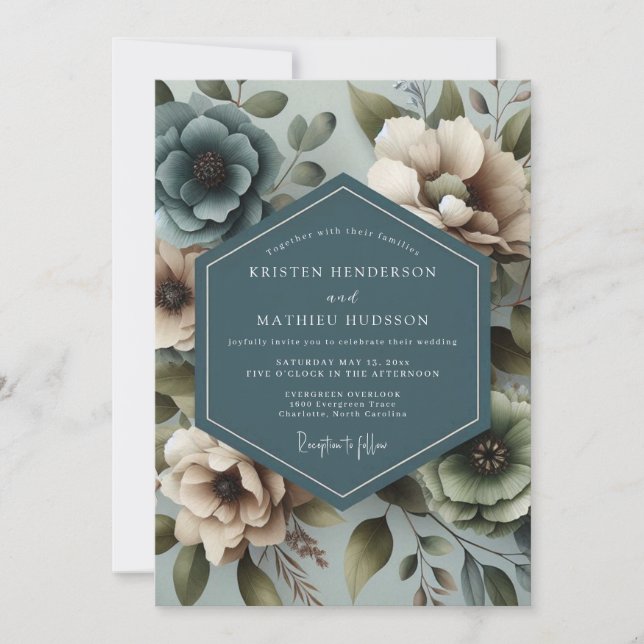 Convites Casamento Floral Azul Slate Silenciado (Frente)