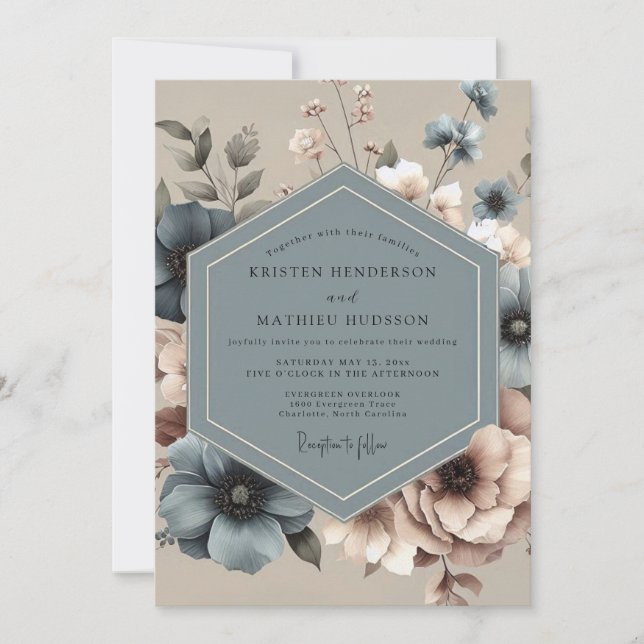 Convites Casamento Floral Azul Sombrio (Frente)