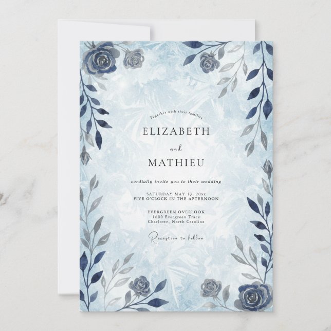 Convites Casamento Floral Azul Sujo de Inverno (Frente)