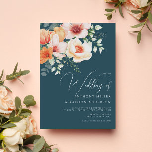 Convites Casamento Floral Azul Teal Coral de Pêssego Rosa d