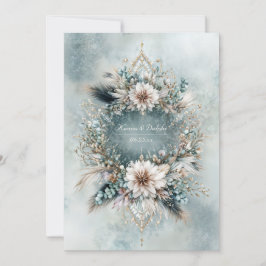 Convites Casamento Floral Azul Teal Rústico Branco Pena